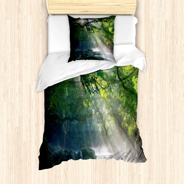 Bettwäsche Regenwald - Microfaser Polyester - Grün / Weiß - 135 x 200 cm + Kissen 80 x 80 cm - Image 2