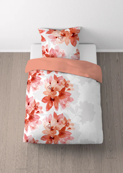Biber-Bettwäsche Blumen - Baumwolle / Polyester - Apricot - 155 x 220 cm + Kissen 80 x 80 cm - Image 2