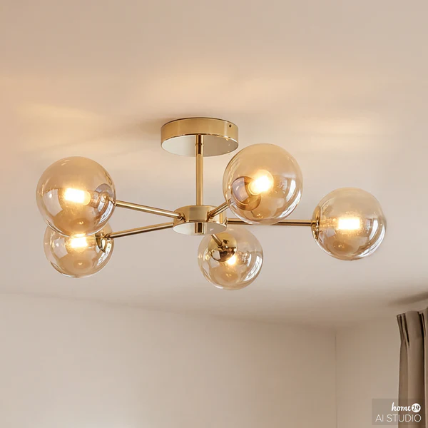 Deckenleuchte Ilumo - Farbglas / Eisen - 5-flammig - Beige / Gold