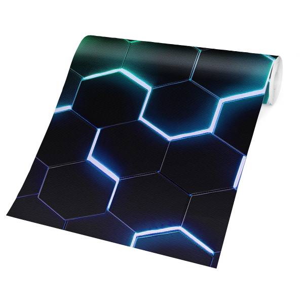 Fototapete Hexagone Neon Grün Blau - Vlies - Schwarz / Mehrfarbig - 240 x 158 cm - Image 6
