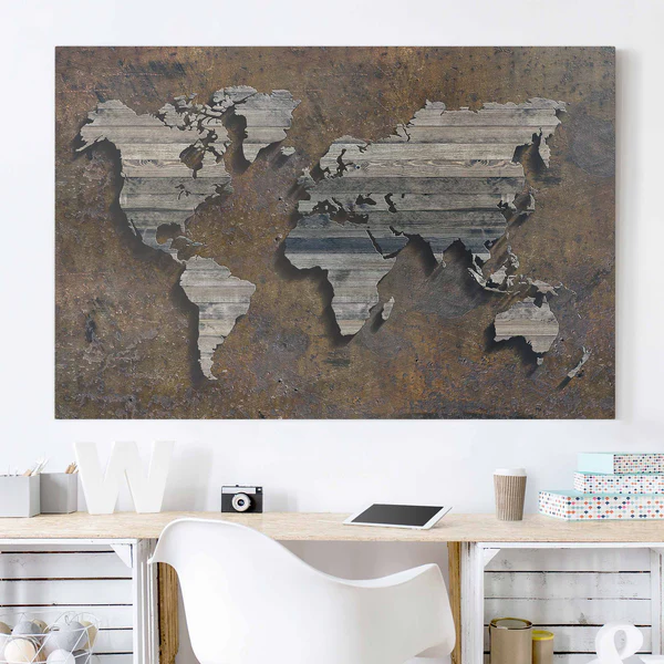 Leinwandbild Holz Rost Weltkarte II - Braun - 90 x 60 x 2 cm - Breite: 90 cm - Image 4