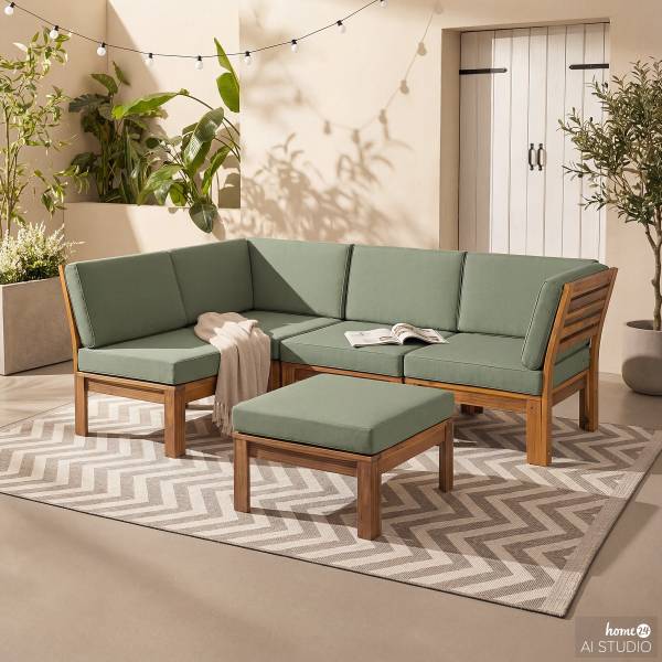 Loungehocker LEXI - Webstoff / Akazie massiv - Helles Olivgrün - Image 8