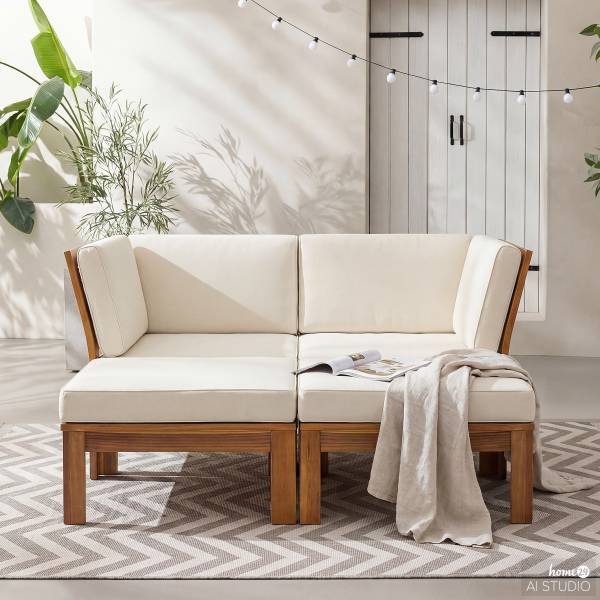 Loungehocker LEXI - Webstoff / Akazie massiv - Wollweiß - Image 16
