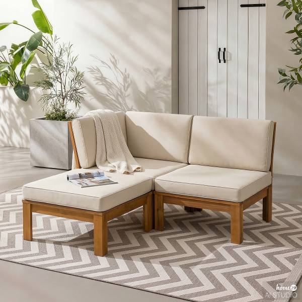Loungehocker LEXI - Webstoff / Akazie massiv - Wollweiß - Image 17