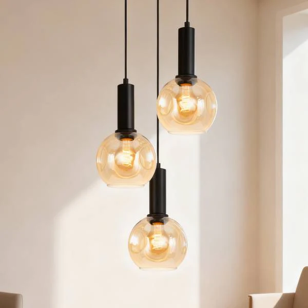 Pendelleuchte Jervey Rund - Gusseisen / Farbglas - Bernstein - 3-flammig