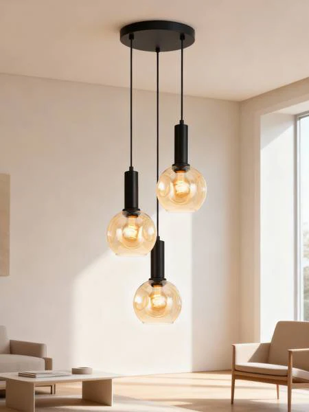 Pendelleuchte Jervey Rund - Gusseisen / Farbglas - Bernstein - 3-flammig - Image 2