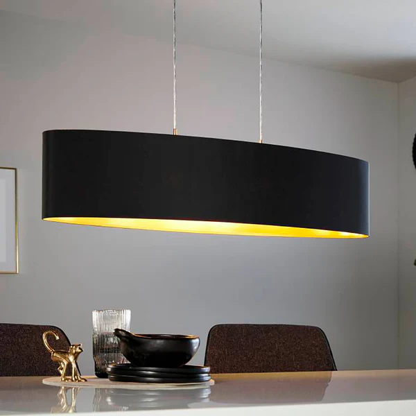 Pendelleuchte Maserlo III - Webstoff / Stahl - 2-flammig - Schwarz / Gold - Breite: 100 cm - Image 2