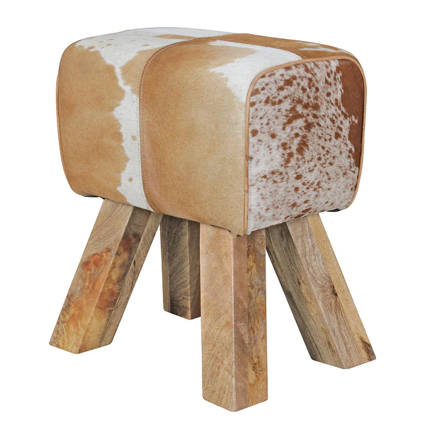 Sitzhocker Saviano - Echtleder / Mangoholz - Braun / Weiß