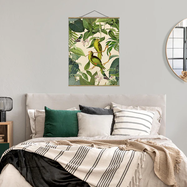 Stoffbild Collage Papageien im Dschungel - Textil; Massivholz (Holzart) - Grün - 50cm x 66,4cm x 0,3cm - 50 x 66 cm - Image 3