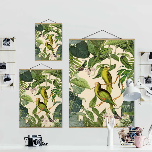 Stoffbild Collage Papageien im Dschungel - Textil; Massivholz (Holzart) - Grün - 50cm x 66,4cm x 0,3cm - 50 x 66 cm - Image 5
