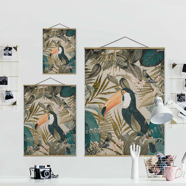 Stoffbild Collage Tukan im Dschungel - Textil; Massivholz (Holzart) - Mehrfarbig - 35cm x 46,5cm x 0,3cm - 35 x 47 cm - Image 5