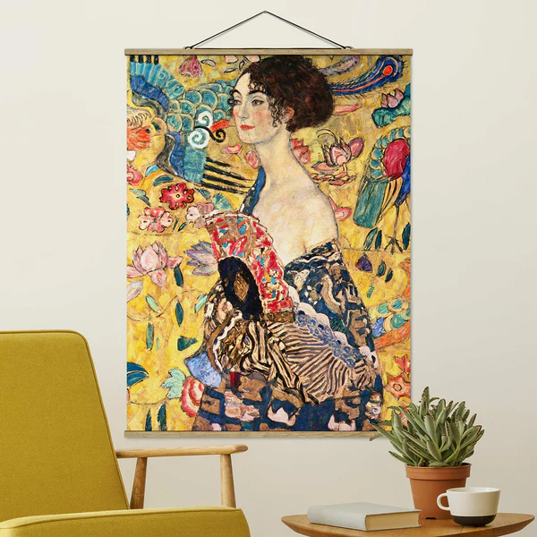 Stoffbild Gustav Klimt Dame mit Fächer - Textil; Massivholz (Holzart) - Mehrfarbig - 80cm x 106,5cm x 0,3cm - 80 x 107 cm - Image 2