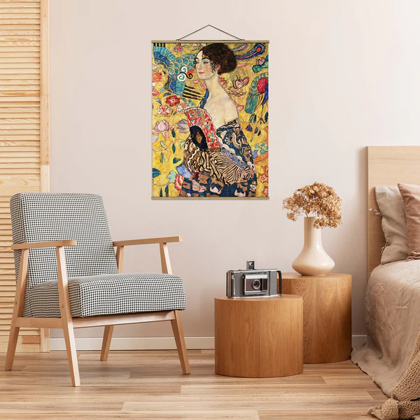 Stoffbild Gustav Klimt Dame mit Fächer - Textil; Massivholz (Holzart) - Mehrfarbig - 80cm x 106,5cm x 0,3cm - 80 x 107 cm - Image 3
