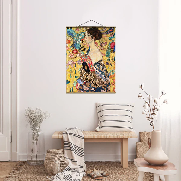 Stoffbild Gustav Klimt Dame mit Fächer - Textil; Massivholz (Holzart) - Mehrfarbig - 80cm x 106,5cm x 0,3cm - 80 x 107 cm - Image 4