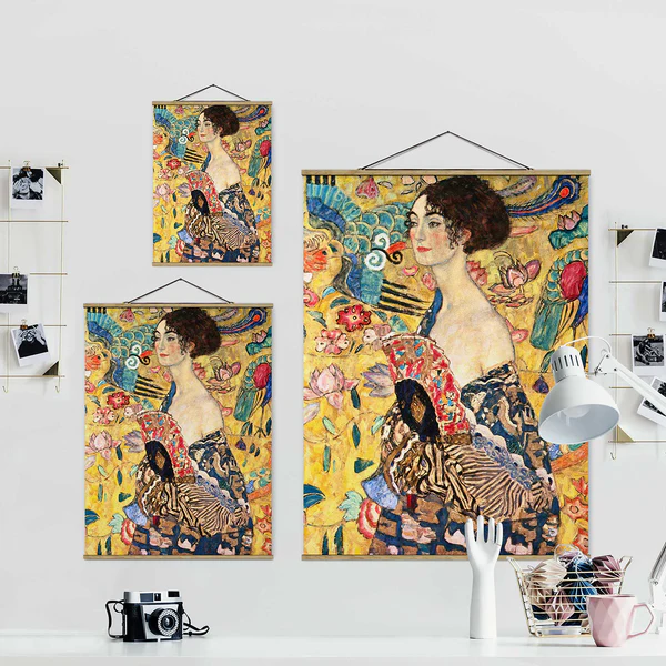 Stoffbild Gustav Klimt Dame mit Fächer - Textil; Massivholz (Holzart) - Mehrfarbig - 80cm x 106,5cm x 0,3cm - 80 x 107 cm - Image 5