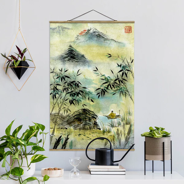 Stoffbild Japanischer Bambuswald - Textil; Massivholz (Holzart) - Gelb - 35cm x 52,5cm x 0,3cm - 35 x 53 cm - Image 2
