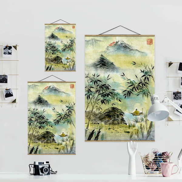Stoffbild Japanischer Bambuswald - Textil; Massivholz (Holzart) - Gelb - 35cm x 52,5cm x 0,3cm - 35 x 53 cm - Image 5